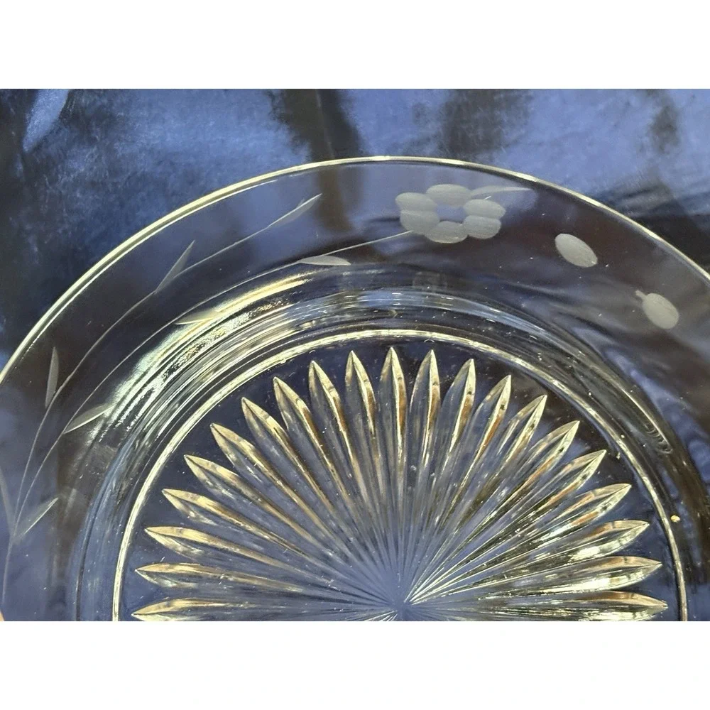 Vtg Elegant Clear Glass Plates Set 6 Etched Floral Rim Rays Starburst Center